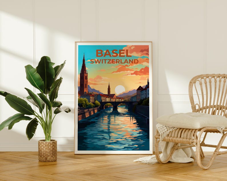 Basel Poster, Switzerland Travel Print, Europe Art, Historic City Illustration, Basel Print, Scenic Wall Art, Home Decor, Birthday Gift