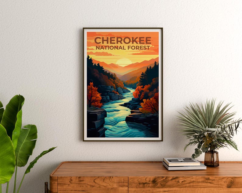 Cherokee National Forest Poster, Tennessee Travel Print, Nature Wall Art, Mountains Illustration, Home Decor, Birthday Gift