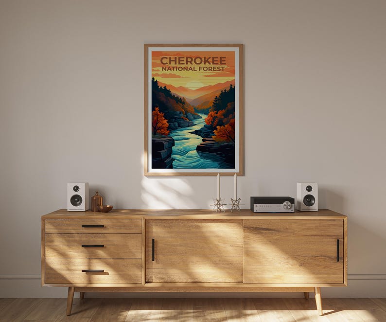 Cherokee National Forest Poster, Tennessee Travel Print, Nature Wall Art, Mountains Illustration, Home Decor, Birthday Gift