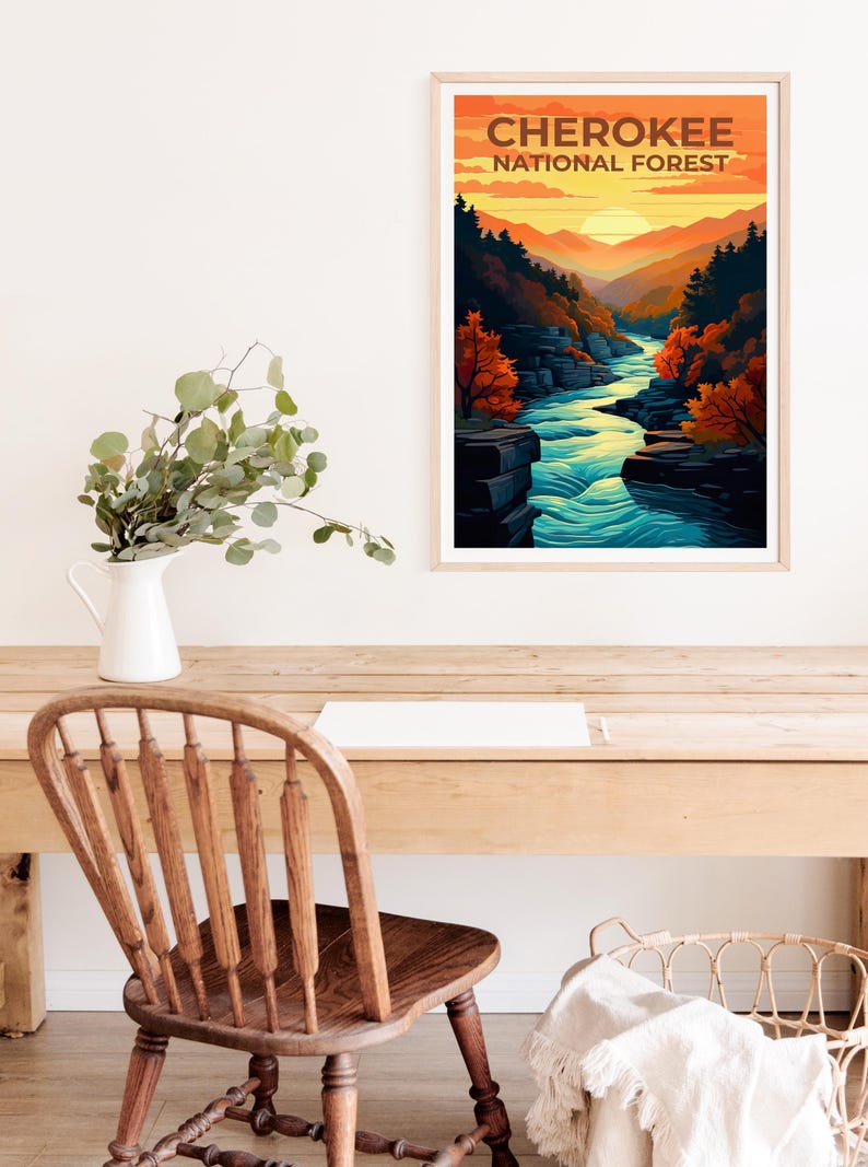Cherokee National Forest Poster, Tennessee Travel Print, Nature Wall Art, Mountains Illustration, Home Decor, Birthday Gift