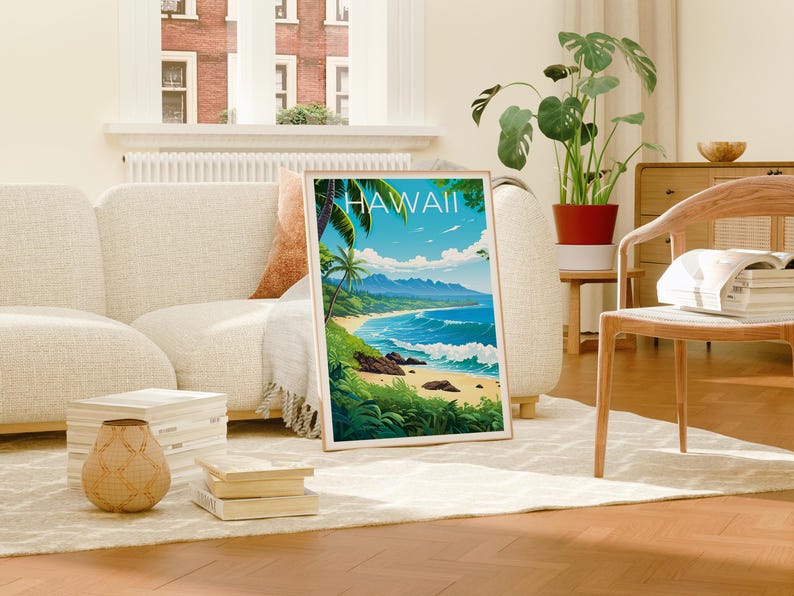Hawaii Poster, Beach Travel Print, Tropical Island Art, Coast Illustration, Landscape Poster, Scenic Wall Art, Home Decor, Birthday Gift