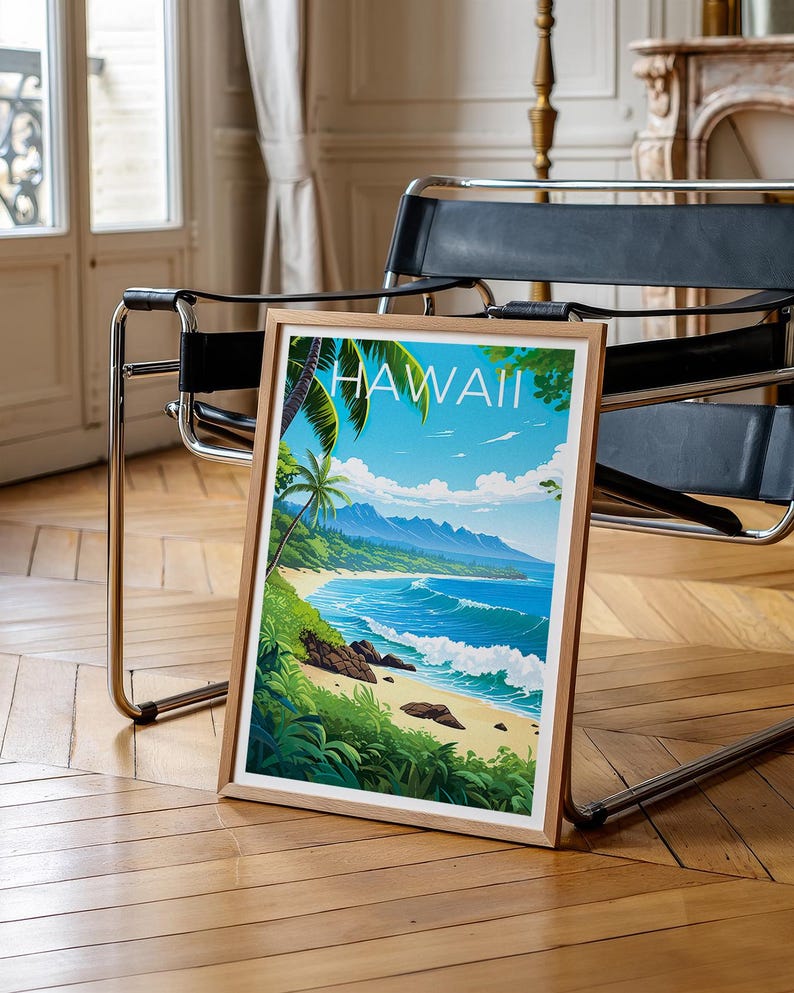 Hawaii Poster, Beach Travel Print, Tropical Island Art, Coast Illustration, Landscape Poster, Scenic Wall Art, Home Decor, Birthday Gift