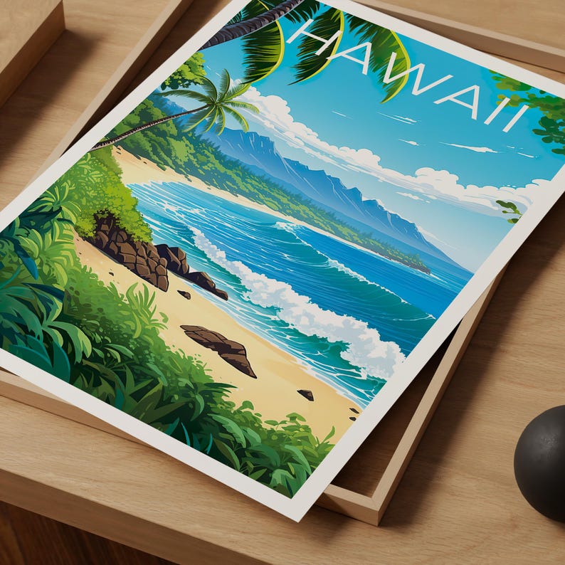 Hawaii Poster, Beach Travel Print, Tropical Island Art, Coast Illustration, Landscape Poster, Scenic Wall Art, Home Decor, Birthday Gift