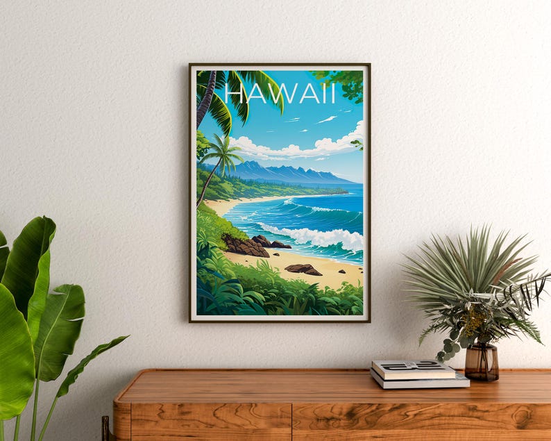 Hawaii Poster, Beach Travel Print, Tropical Island Art, Coast Illustration, Landscape Poster, Scenic Wall Art, Home Decor, Birthday Gift