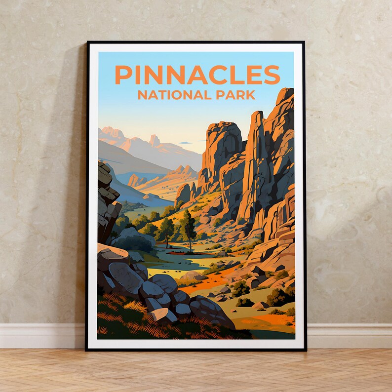 Affiche de voyage Pinnacles, art mural de Californie, impression de Californie, affiche Pinnacles, affiche nature, affiche de randonnée, art Pinnacles