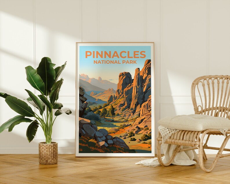 Affiche de voyage Pinnacles, art mural de Californie, impression de Californie, affiche Pinnacles, affiche nature, affiche de randonnée, art Pinnacles