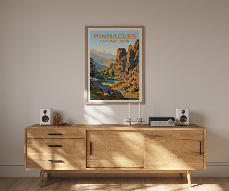 Affiche de voyage Pinnacles, art mural de Californie, impression de Californie, affiche Pinnacles, affiche nature, affiche de randonnée, art Pinnacles