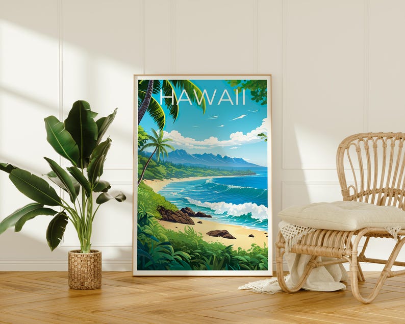 Hawaii Poster, Beach Travel Print, Tropical Island Art, Coast Illustration, Landscape Poster, Scenic Wall Art, Home Decor, Birthday Gift