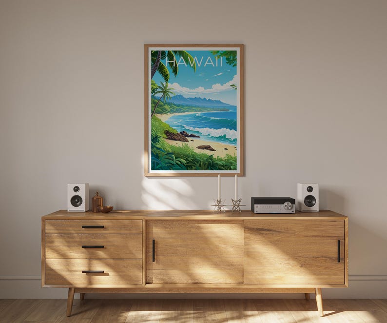 Hawaii Poster, Beach Travel Print, Tropical Island Art, Coast Illustration, Landscape Poster, Scenic Wall Art, Home Decor, Birthday Gift
