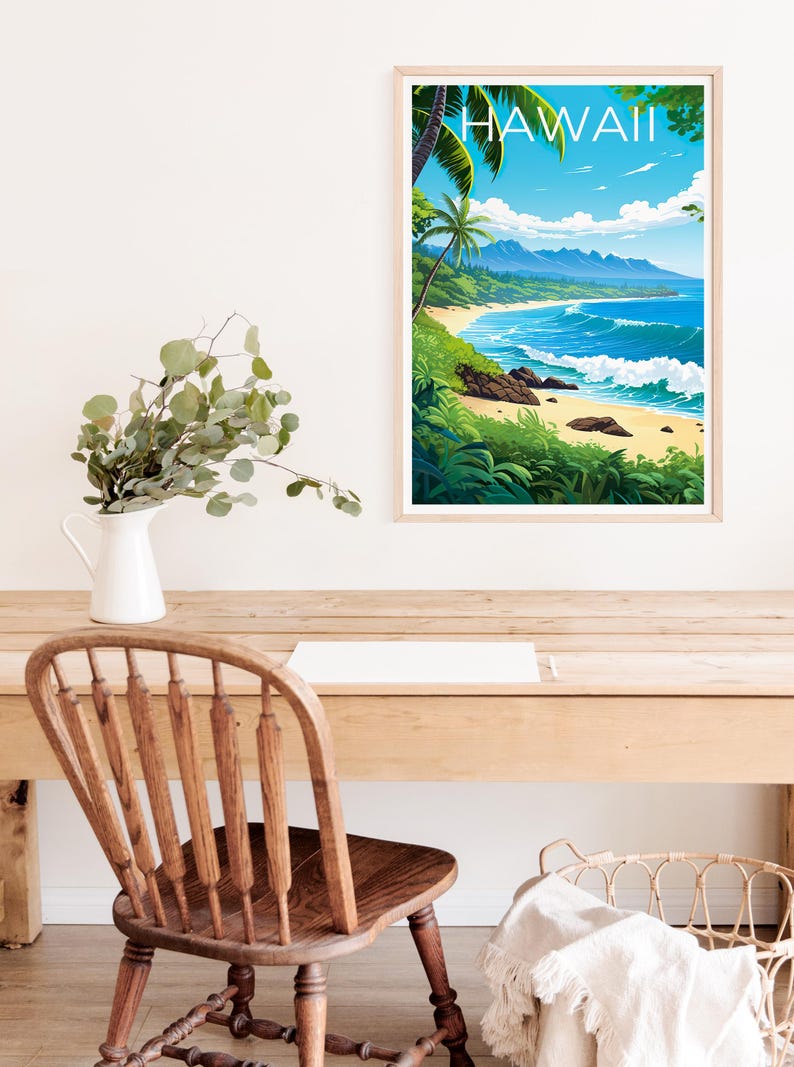 Hawaii Poster, Beach Travel Print, Tropical Island Art, Coast Illustration, Landscape Poster, Scenic Wall Art, Home Decor, Birthday Gift