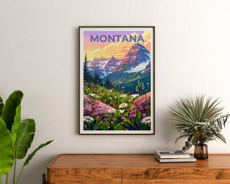 Montana Poster, Montana Print, Mountain Poster, Mountain Art, Flowers Poster, Forest Print, Birthday Gift