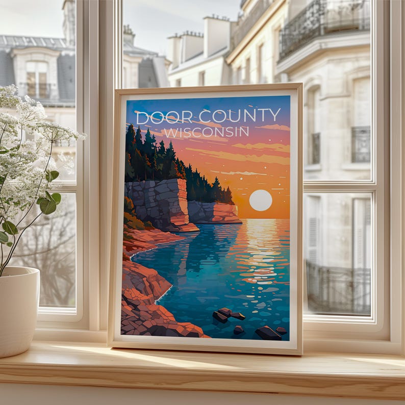 Door County Travel Print, Wisconsin Poster, Cliff Wall Art, Coast Illustration, Door County Poster, Home Decor, Birthday Gift