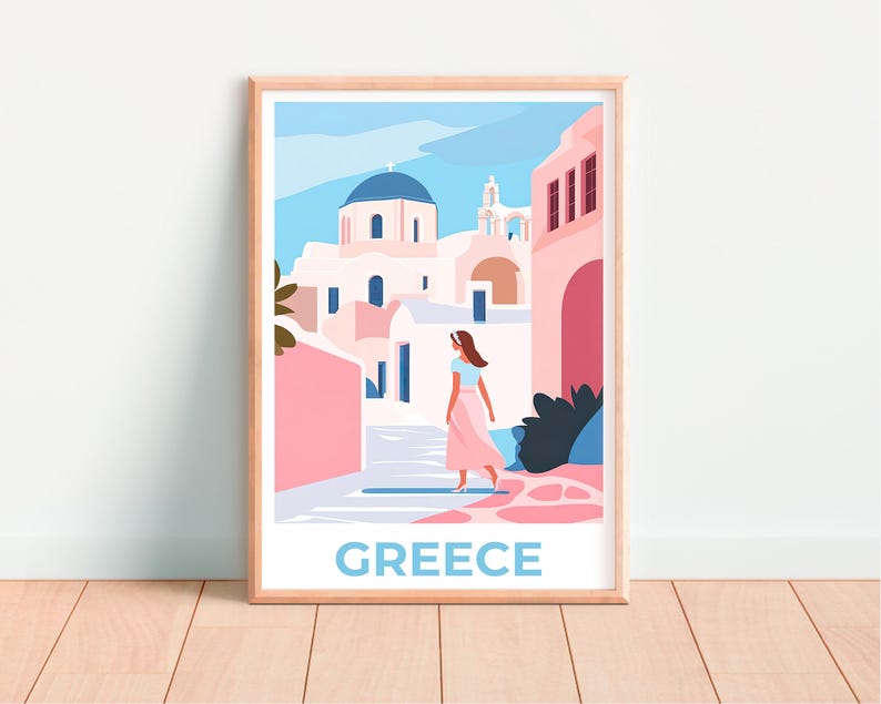 Greece Travel Poster, Santorini Print, Minimalist Art, Europe Illustration, Landscape Poster, Scenic Wall Art, Home Decor, Birthday Gift