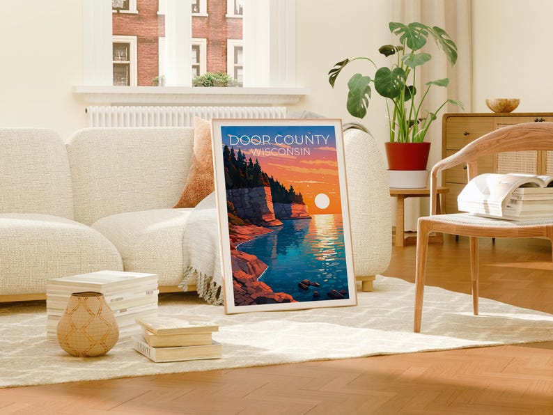 Door County Travel Print, Wisconsin Poster, Cliff Wall Art, Coast Illustration, Door County Poster, Home Decor, Birthday Gift