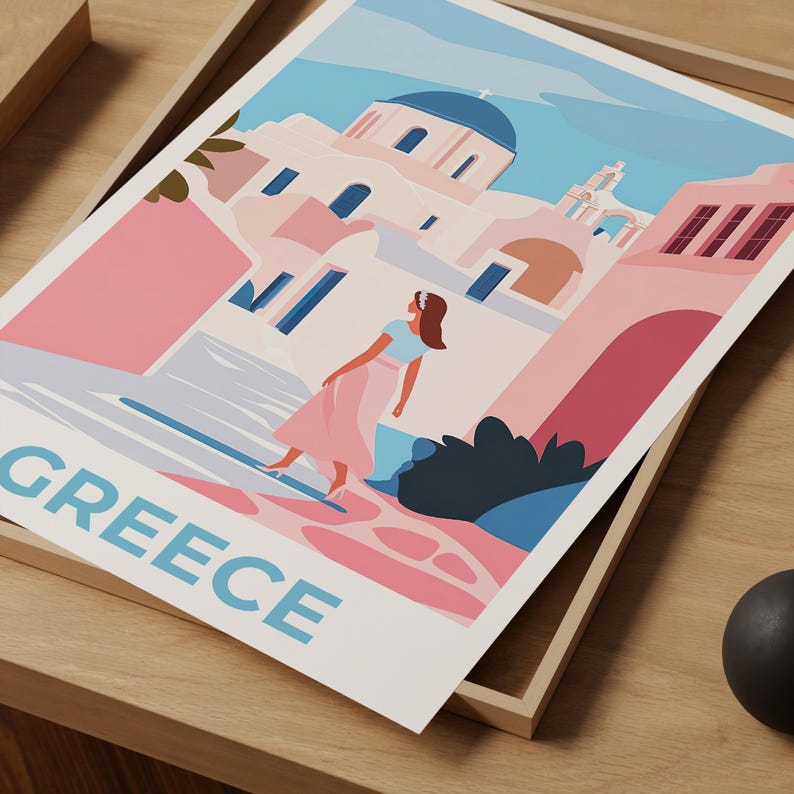 Greece Travel Poster, Santorini Print, Minimalist Art, Europe Illustration, Landscape Poster, Scenic Wall Art, Home Decor, Birthday Gift