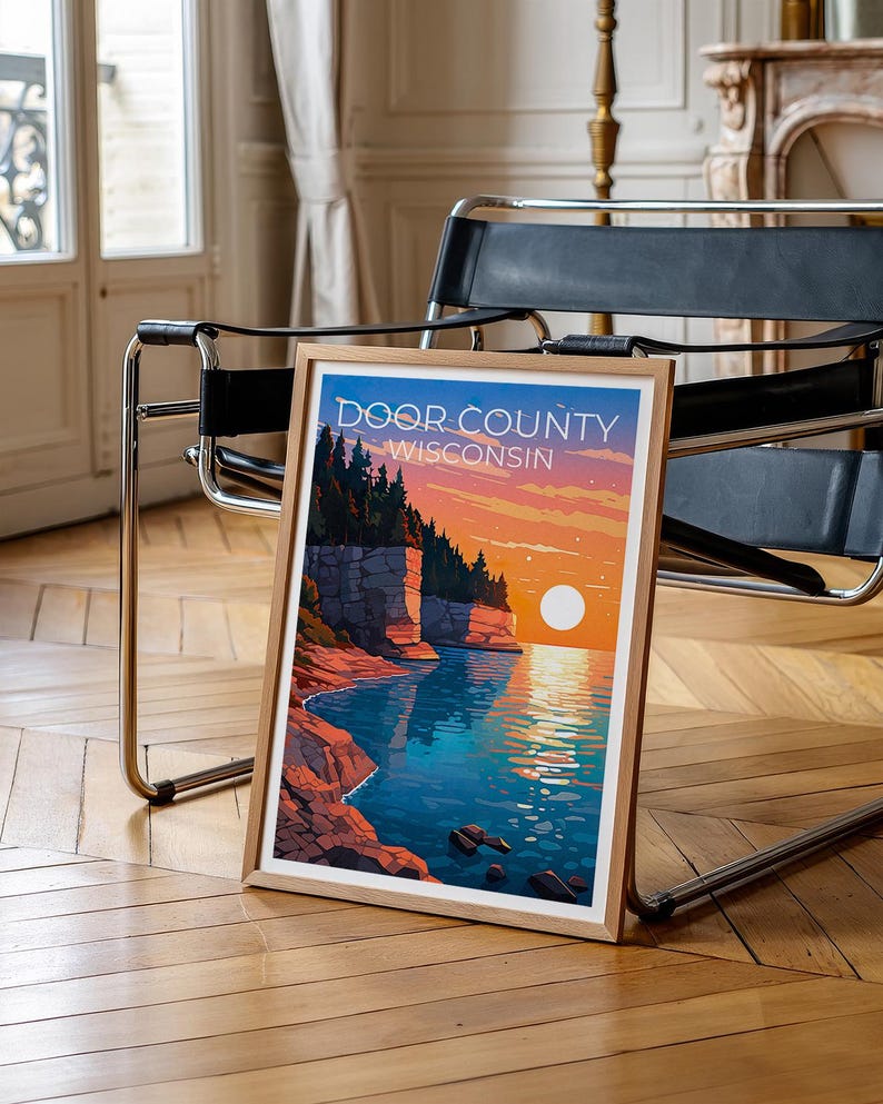 Door County Travel Print, Wisconsin Poster, Cliff Wall Art, Coast Illustration, Door County Poster, Home Decor, Birthday Gift