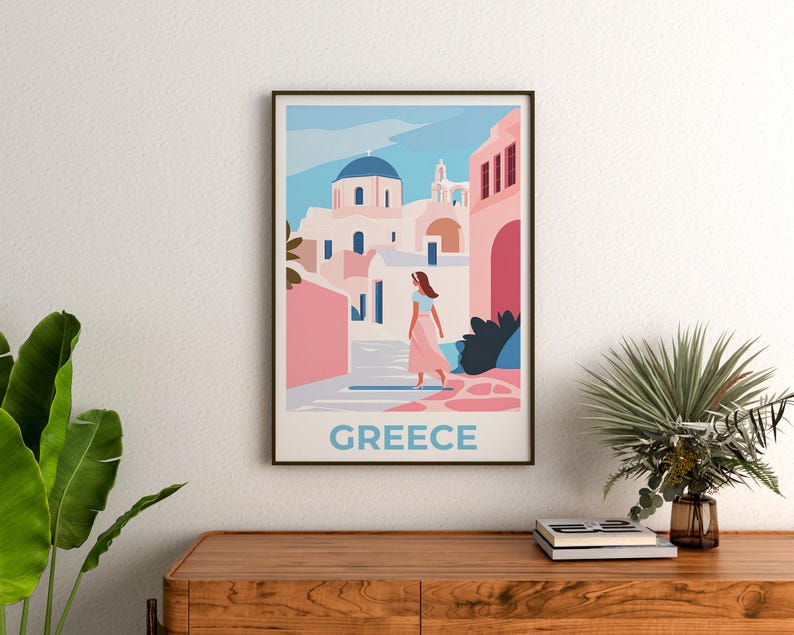 Greece Travel Poster, Santorini Print, Minimalist Art, Europe Illustration, Landscape Poster, Scenic Wall Art, Home Decor, Birthday Gift