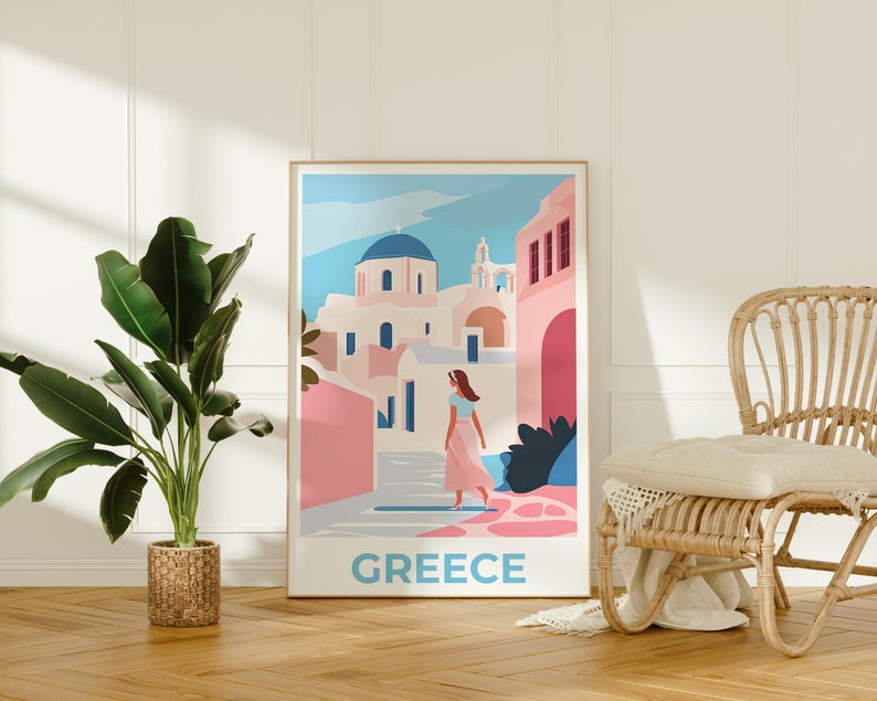 Greece Travel Poster, Santorini Print, Minimalist Art, Europe Illustration, Landscape Poster, Scenic Wall Art, Home Decor, Birthday Gift