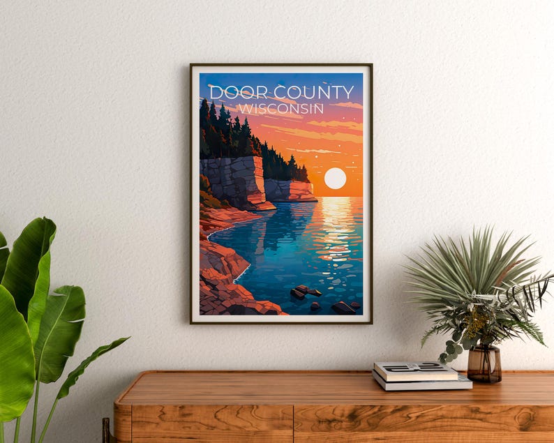 Door County Travel Print, Wisconsin Poster, Cliff Wall Art, Coast Illustration, Door County Poster, Home Decor, Birthday Gift