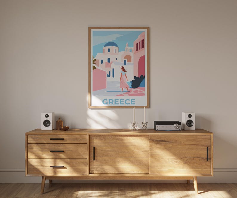 Greece Travel Poster, Santorini Print, Minimalist Art, Europe Illustration, Landscape Poster, Scenic Wall Art, Home Decor, Birthday Gift