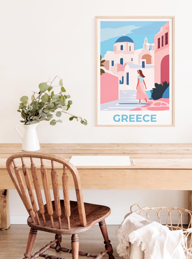 Greece Travel Poster, Santorini Print, Minimalist Art, Europe Illustration, Landscape Poster, Scenic Wall Art, Home Decor, Birthday Gift