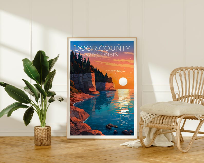 Door County Travel Print, Wisconsin Poster, Cliff Wall Art, Coast Illustration, Door County Poster, Home Decor, Birthday Gift