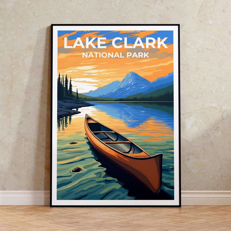 Affiche de voyage sur le lac Clark, art mural sur l'Alaska, impression sur l'Alaska, affiche sur le lac Clark, affiche sur le lac, affiche sur la nature, art sur le lac Clark