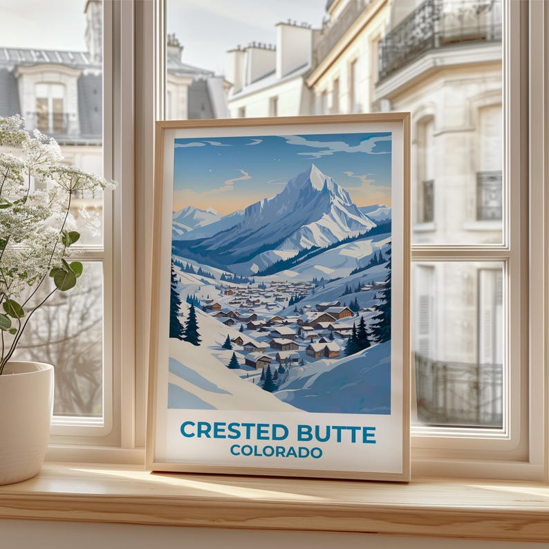 Crested Butte Travel Print Colorado Poster Rockies Wall Art Mountain Illustration Winter Town Poster Home Decor Birthday Gift