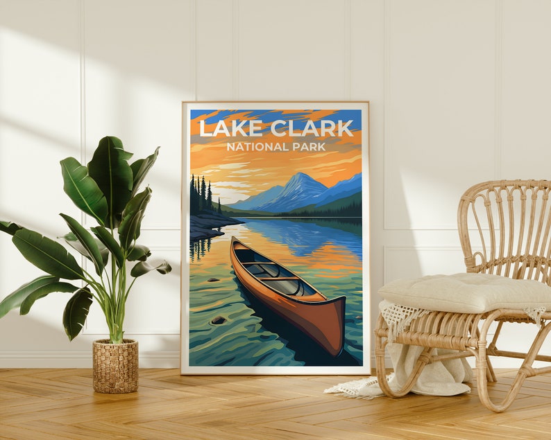 Affiche de voyage sur le lac Clark, art mural sur l'Alaska, impression sur l'Alaska, affiche sur le lac Clark, affiche sur le lac, affiche sur la nature, art sur le lac Clark