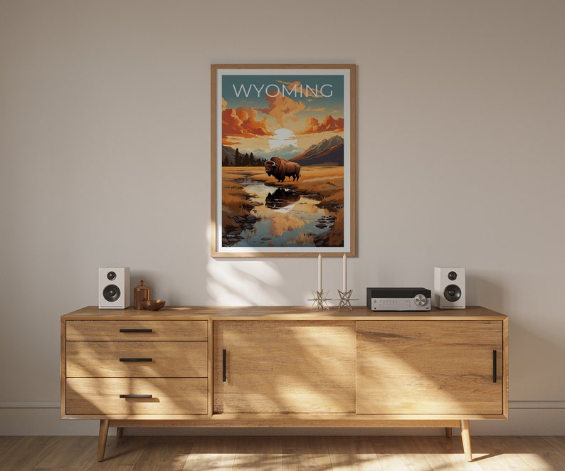 Wyoming Poster, Bison Print, Bison Art, Bison Print, Wyoming Travel Poster, Mountain Poster, Wyoming Gift
