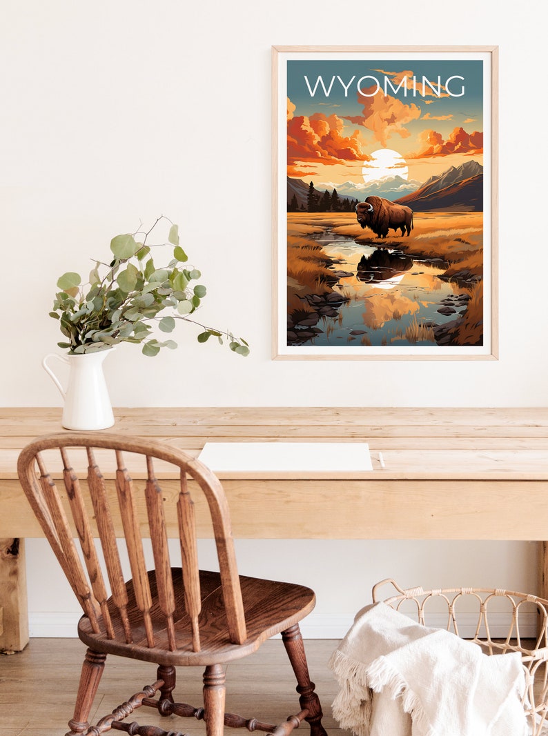 Wyoming Poster, Bison Print, Bison Art, Bison Print, Wyoming Travel Poster, Mountain Poster, Wyoming Gift
