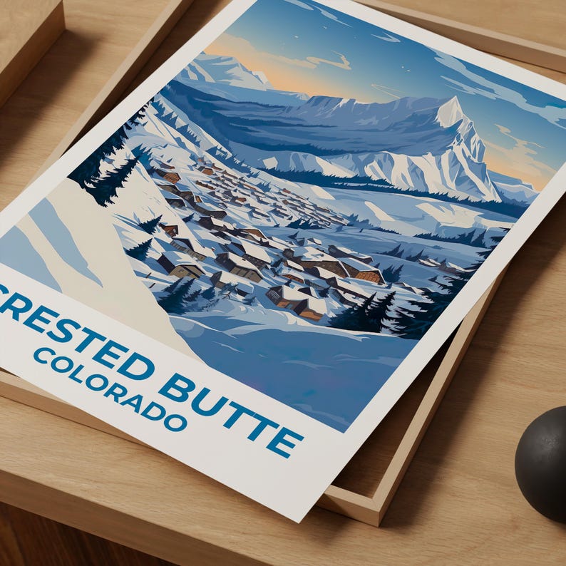 Crested Butte Travel Print Colorado Poster Rockies Wall Art Mountain Illustration Winter Town Poster Home Decor Birthday Gift