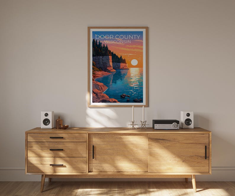 Door County Travel Print, Wisconsin Poster, Cliff Wall Art, Coast Illustration, Door County Poster, Home Decor, Birthday Gift