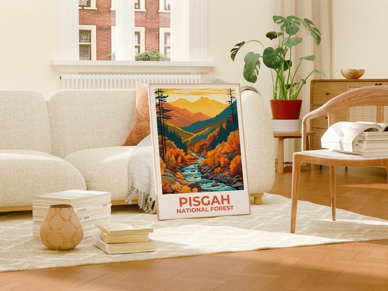 Affiche de la forĂȘt nationale de Pisgah, affiche de Caroline du Nord, affiche imprimĂ©e de Pisgah, idĂ©e cadeau de voyage, illustration de forĂȘt