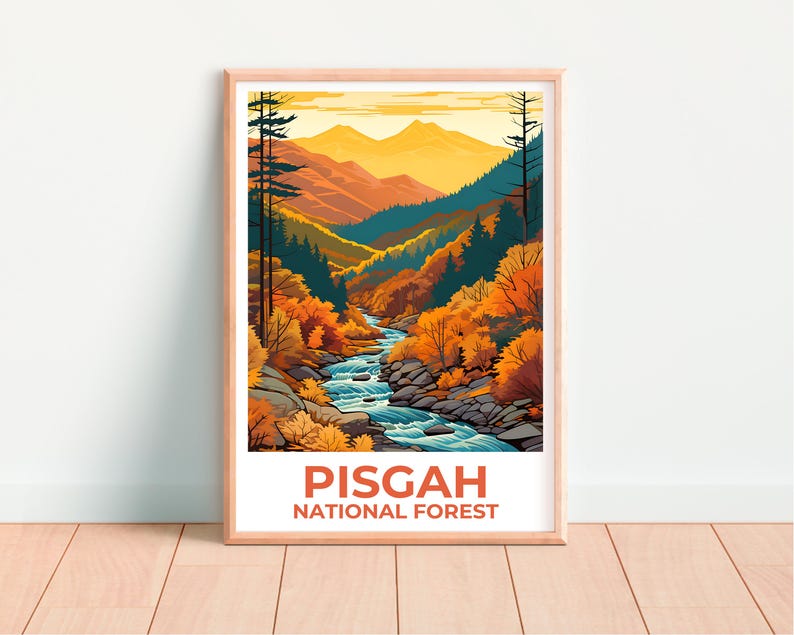 Affiche de la forĂȘt nationale de Pisgah, affiche de Caroline du Nord, affiche imprimĂ©e de Pisgah, idĂ©e cadeau de voyage, illustration de forĂȘt