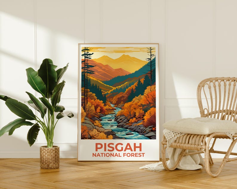 Affiche de la forĂȘt nationale de Pisgah, affiche de Caroline du Nord, affiche imprimĂ©e de Pisgah, idĂ©e cadeau de voyage, illustration de forĂȘt
