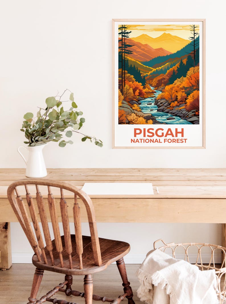 Affiche de la forĂȘt nationale de Pisgah, affiche de Caroline du Nord, affiche imprimĂ©e de Pisgah, idĂ©e cadeau de voyage, illustration de forĂȘt