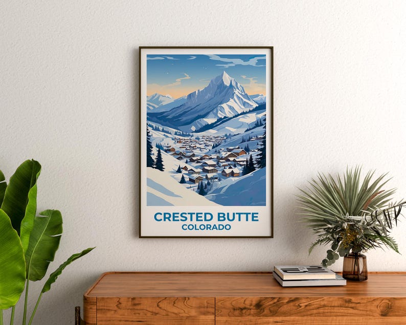 Crested Butte Travel Print Colorado Poster Rockies Wall Art Mountain Illustration Winter Town Poster Home Decor Birthday Gift