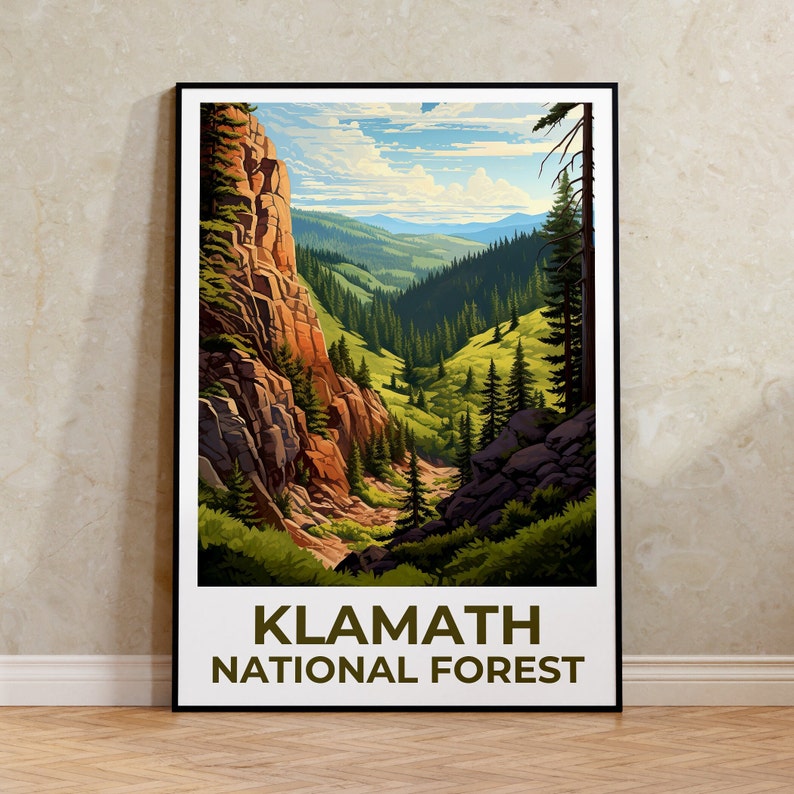 Affiche de voyage de la forêt de Klamath, art mural de Californie, impression de Californie, affiche de la forêt de Klamath, affiche de Californie, art de la forêt de Klamath