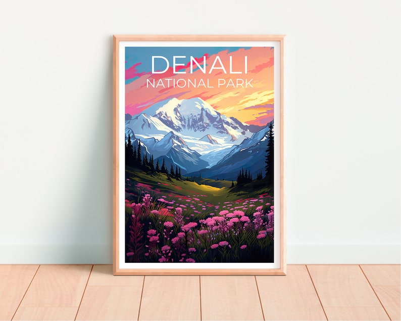 Affiche du parc national de Denali, impression du parc de Denali, art de l'Alaska, impression de l'Alaska, affiche de montagne, affiche de Denali, affiche de l'Alaska