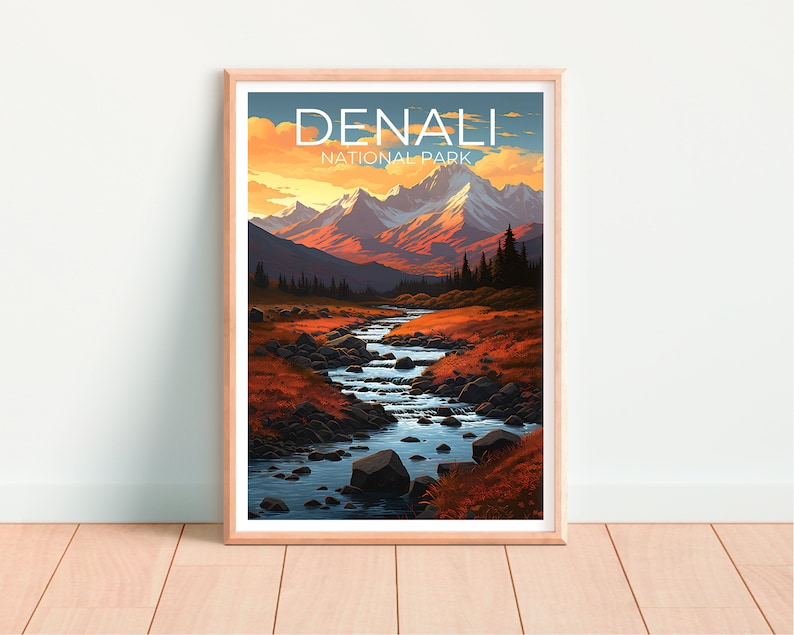 Affiche de voyage Denali, art mural de l'Alaska, impression de l'Alaska, affiche Denali, affiche de l'Alaska, affiche de montagne, art Denali