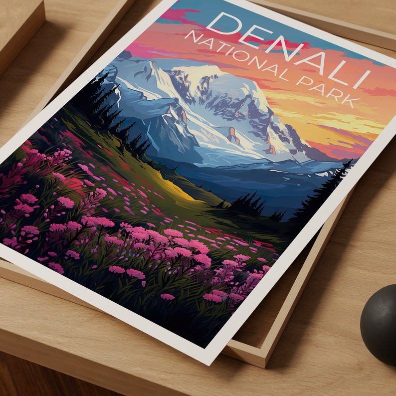 Affiche du parc national de Denali, impression du parc de Denali, art de l'Alaska, impression de l'Alaska, affiche de montagne, affiche de Denali, affiche de l'Alaska