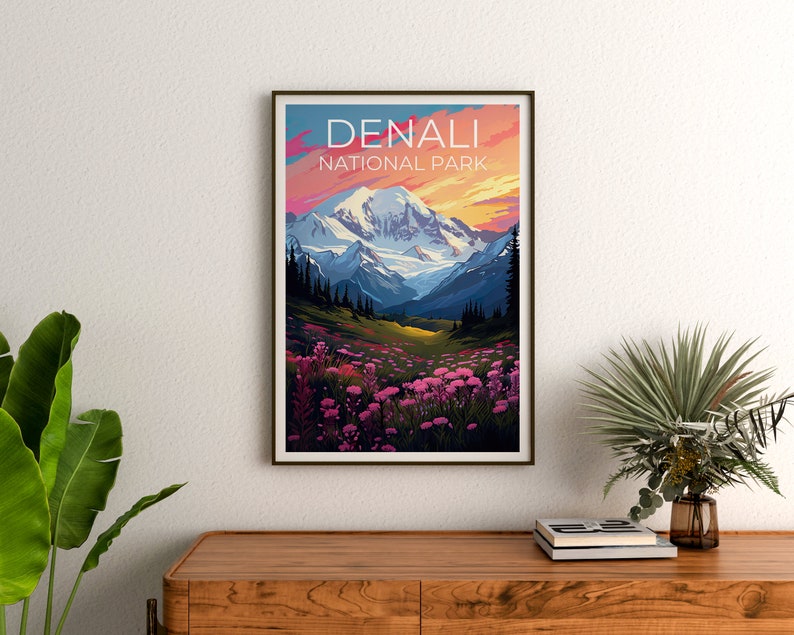 Affiche du parc national de Denali, impression du parc de Denali, art de l'Alaska, impression de l'Alaska, affiche de montagne, affiche de Denali, affiche de l'Alaska