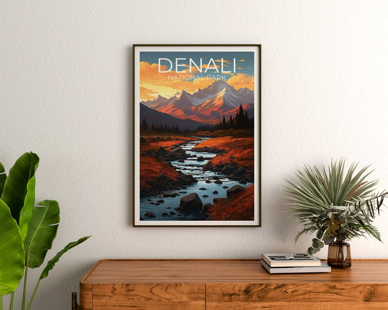 Affiche de voyage Denali, art mural de l'Alaska, impression de l'Alaska, affiche Denali, affiche de l'Alaska, affiche de montagne, art Denali