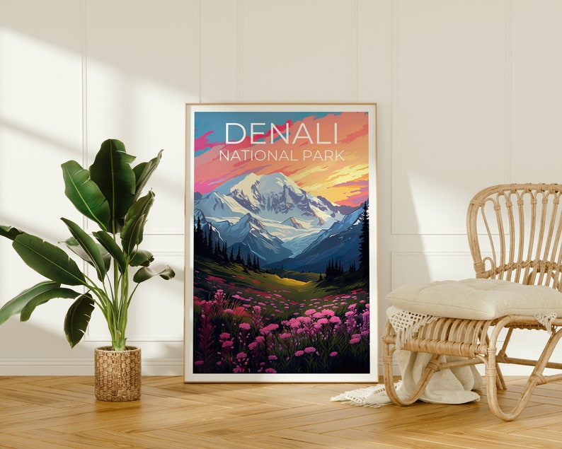 Affiche du parc national de Denali, impression du parc de Denali, art de l'Alaska, impression de l'Alaska, affiche de montagne, affiche de Denali, affiche de l'Alaska