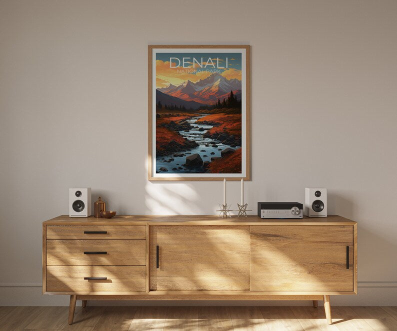 Affiche de voyage Denali, art mural de l'Alaska, impression de l'Alaska, affiche Denali, affiche de l'Alaska, affiche de montagne, art Denali