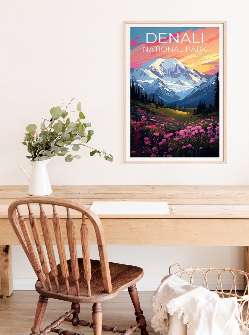 Affiche du parc national de Denali, impression du parc de Denali, art de l'Alaska, impression de l'Alaska, affiche de montagne, affiche de Denali, affiche de l'Alaska