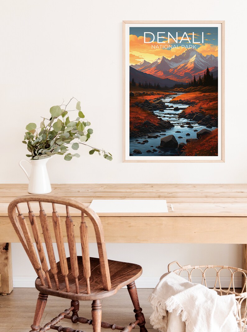 Affiche de voyage Denali, art mural de l'Alaska, impression de l'Alaska, affiche Denali, affiche de l'Alaska, affiche de montagne, art Denali