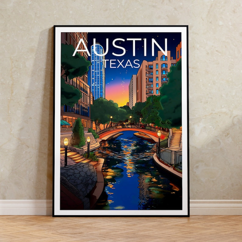Austin Travel Poster, Texas Wall Art, Texas Print, Austin Poster, Texas Poster, River Walk Poster, Austin Art
