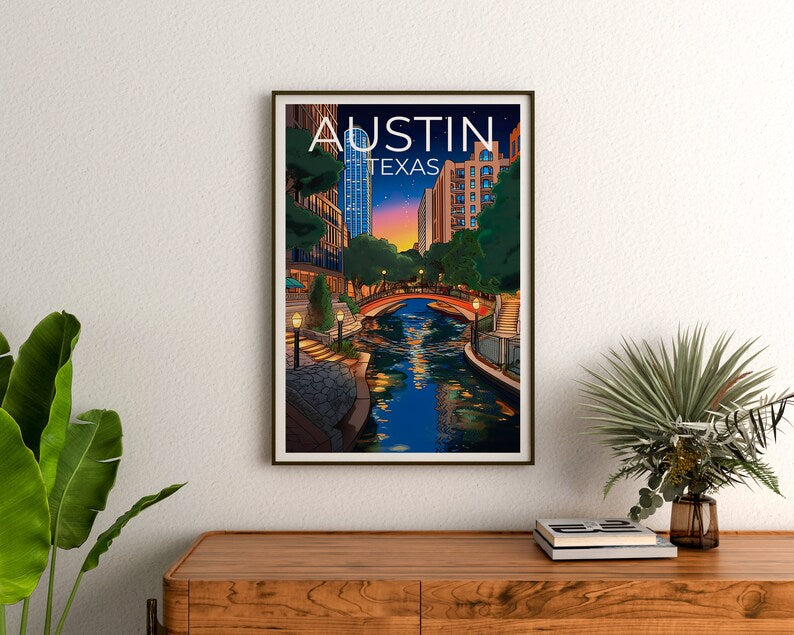 Austin Travel Poster, Texas Wall Art, Texas Print, Austin Poster, Texas Poster, River Walk Poster, Austin Art